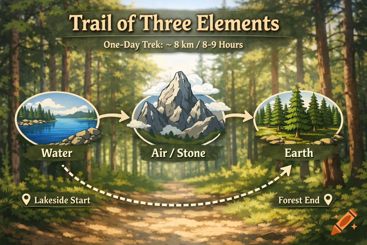 An infographic map for 'Trail of Three Elements' showing a one-day trek, with water, air/stone, and earth stages depicted as a path through a pine forest.