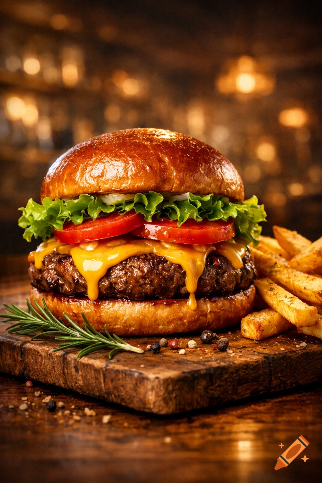 Close-up, photorealistic cheeseburger with lettuce, tomato, and melted cheese on a bun, served on a wooden board with fries and rosemary.