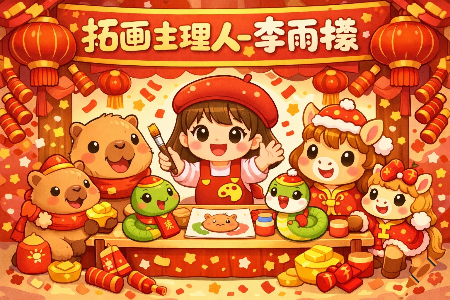 A cheerful cartoon girl in a red beret and apron holds a paintbrush, surrounded by cute capybaras, snakes, and ponies, all celebrating Chinese New Year with lanterns, firecrackers, and golden ingots. A banner with Chinese text '拓画主理人-李雨檬' hangs above.