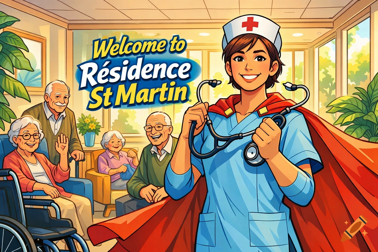 Comic art of a superhero nurse holding a stethoscope, smiling with elderly residents in a welcoming nursing home. Text reads 'Welcome to Résidence St Martin'.