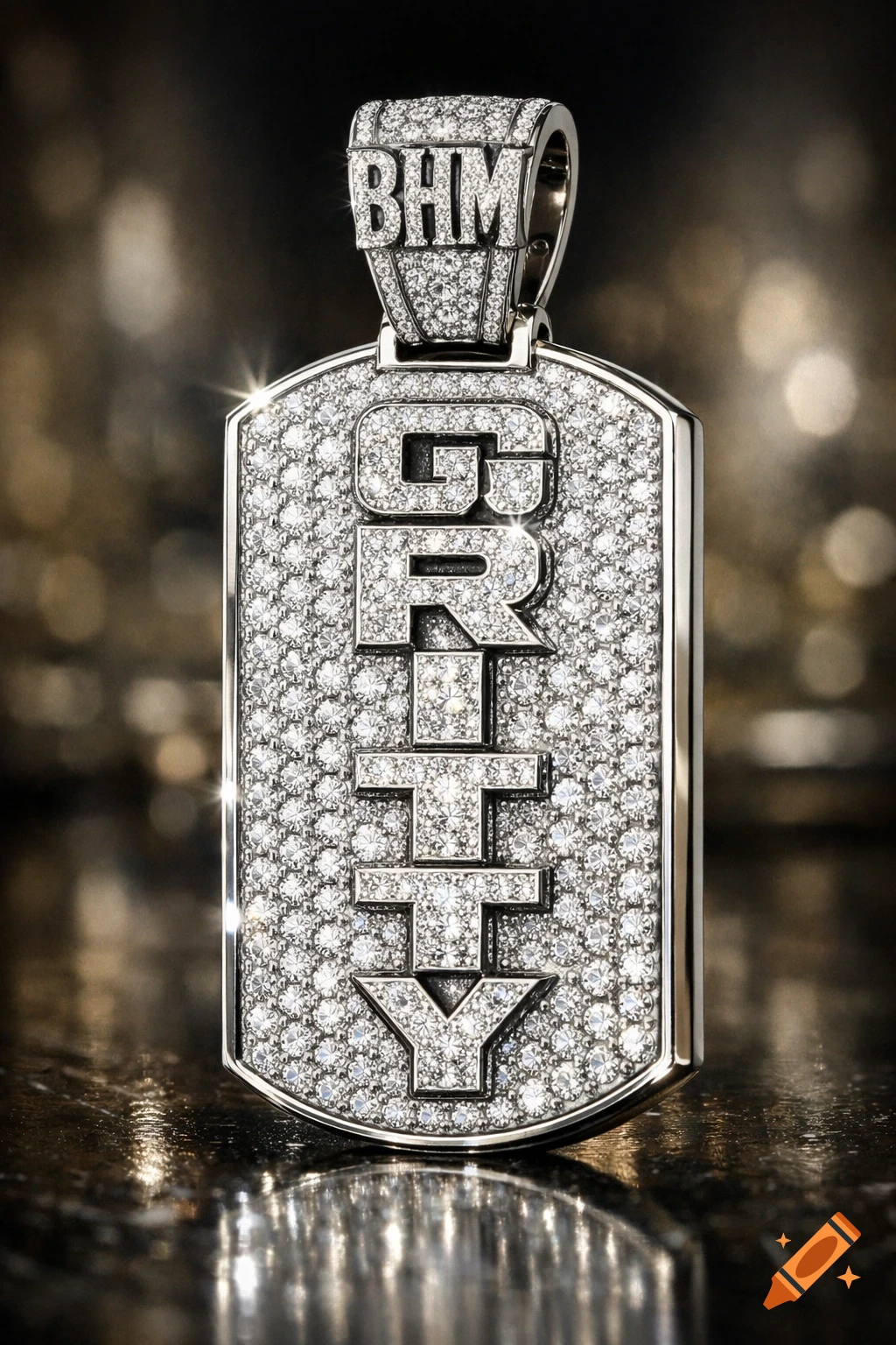 A close-up, photorealistic view of a white gold iced-out dog tag pendant with 'GRITTY' in diamonds and 'BHM' on the bail, on a dark, reflective surface.
