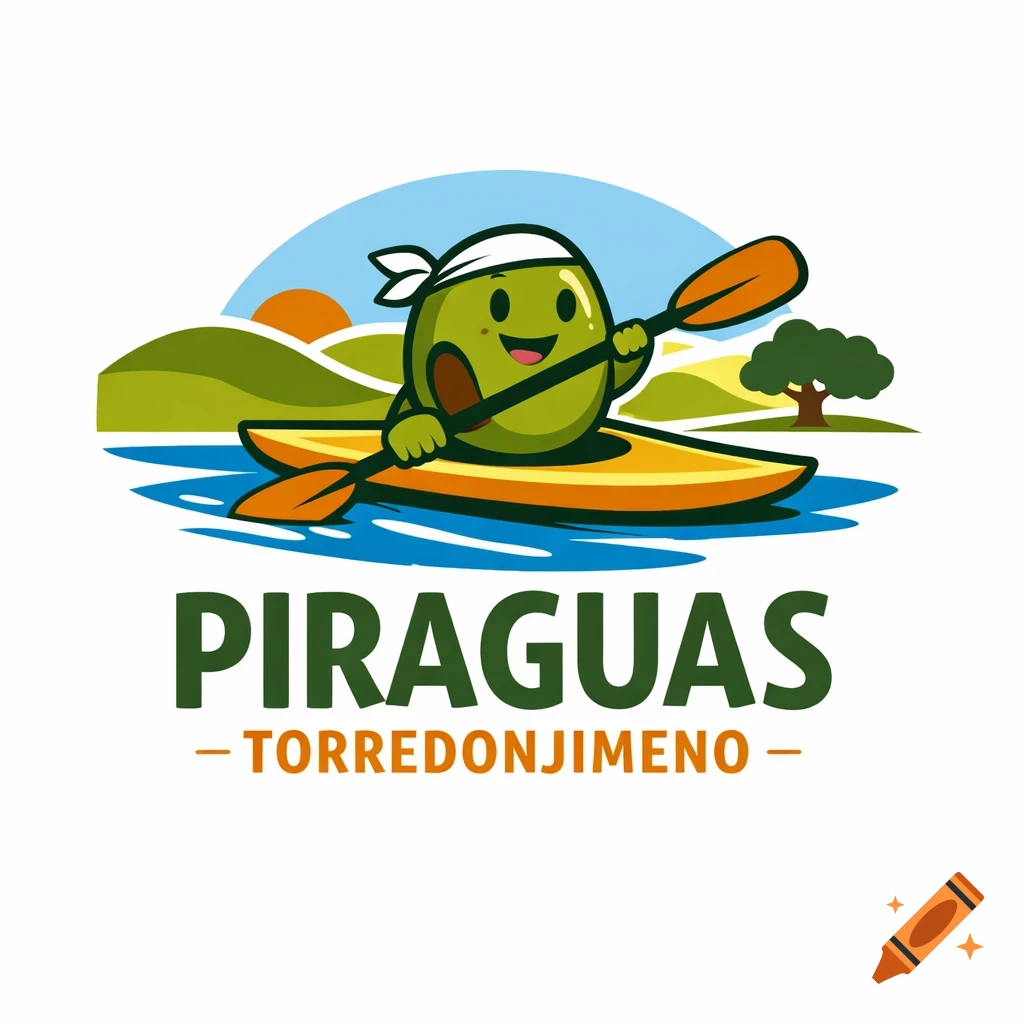 A flat design logo featuring a cartoon green olive with a happy face, wearing a white bandana, paddling a yellow kayak on blue water. Green hills and a sun are in the background. Below the illustration, the text "PIRAGUAS TORREDONJIMENO" is displayed.