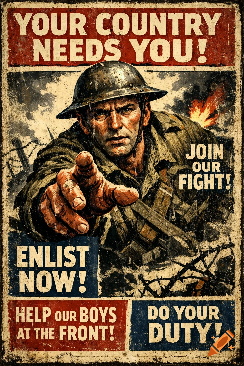 A vintage style WWI propaganda poster of a stern soldier pointing forward, with text 'YOUR COUNTRY NEEDS YOU!' and 'ENLIST NOW!'