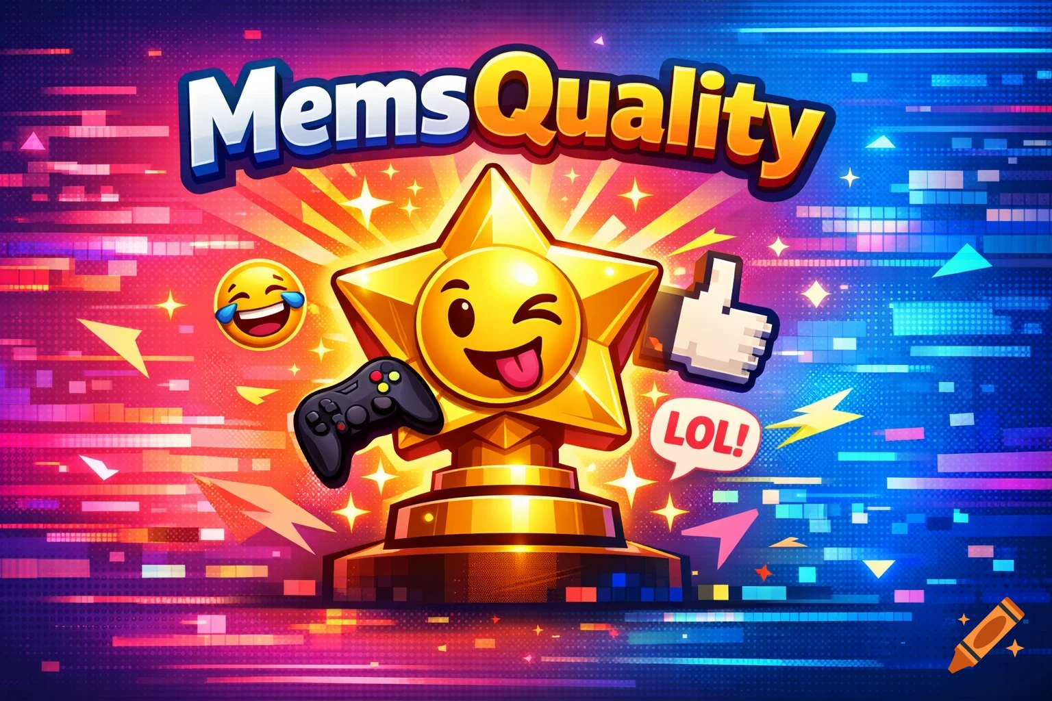 Vibrant cartoon illustration of a gold star trophy with a winking emoji face, a game controller, laughing emoji, thumbs-up icon, and 'MemsQuality' text on a colorful background.