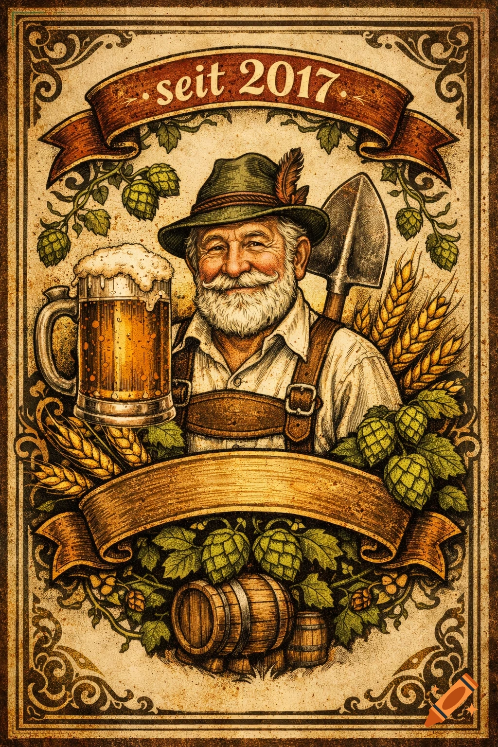 Vintage illustration of a cheerful bearded man in a hat holding a beer mug, surrounded by hops, wheat, barrels, and a shovel, with "seit 2017" on a banner.
