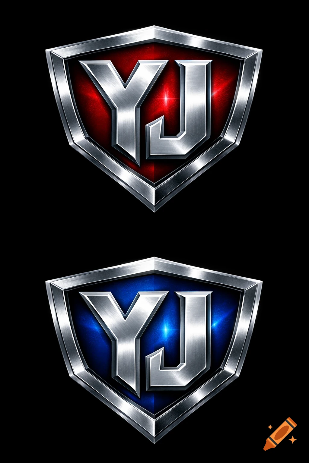 Two metallic shield logos, one red and one blue, each featuring the stylized letters 'YJ'.