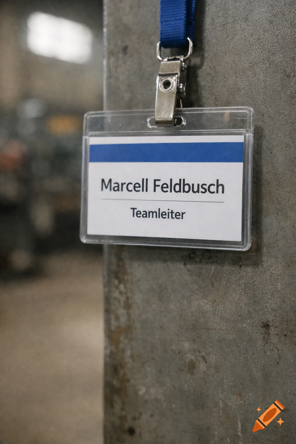 A close-up of a white name tag with a blue stripe, reading 'Marcell Feldbusch' and 'Teamleiter', clipped to a concrete surface by a blue lanyard.