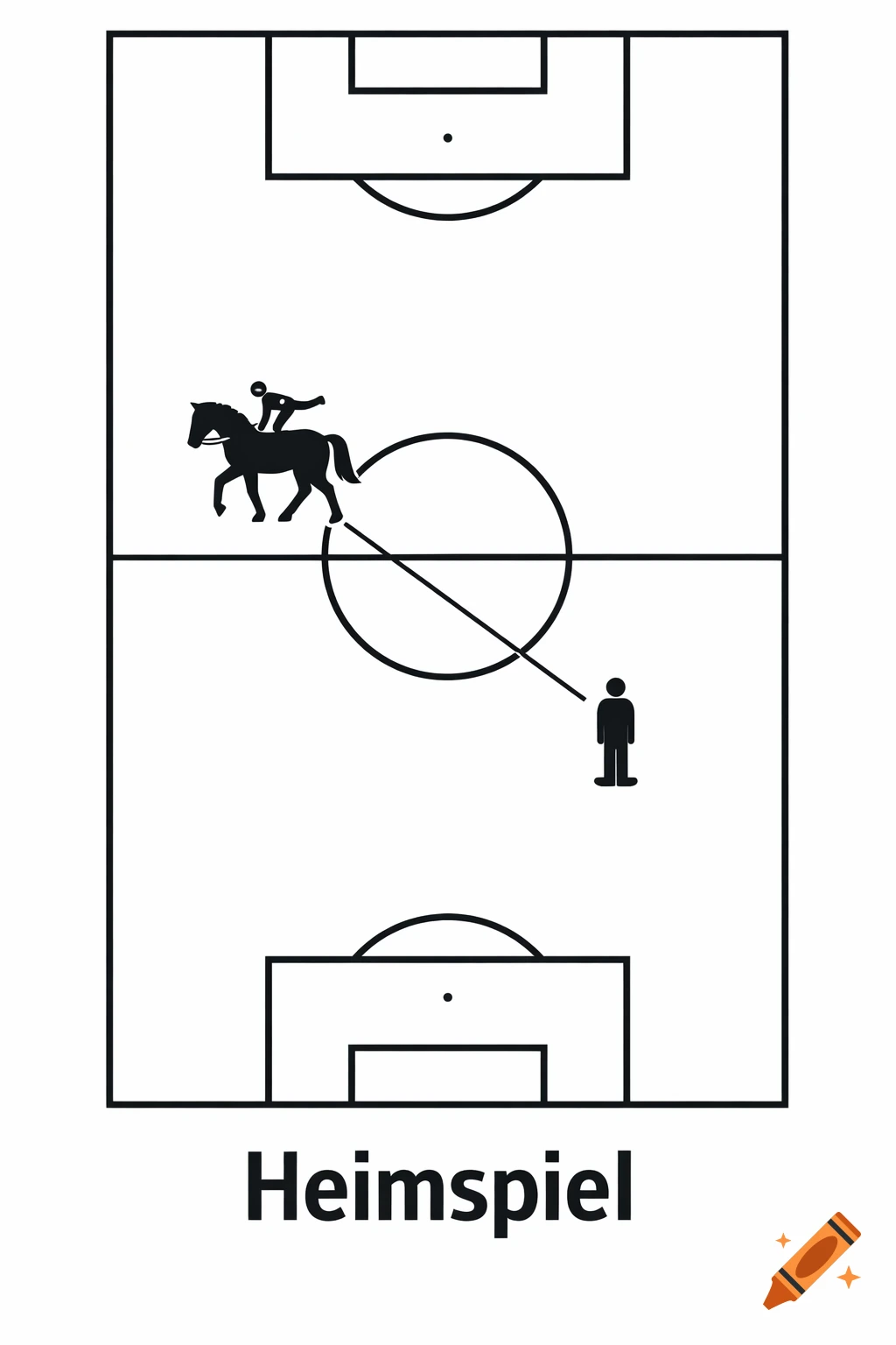 Black and white pictogram of a soccer field with a horse and rider on the center circle, a person, and 'Heimspiel' text.
