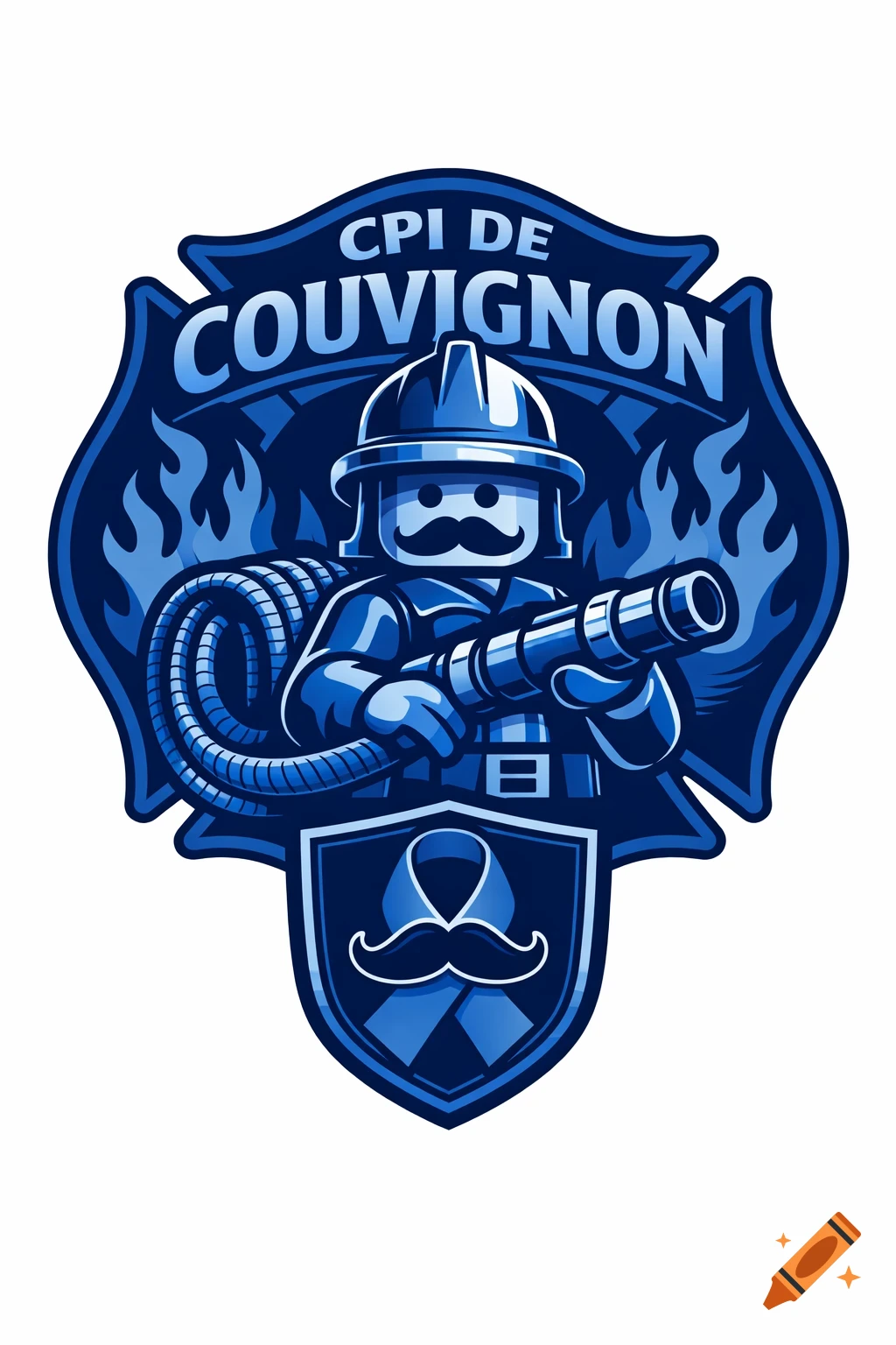 Blue firefighter emblem with a brick-game character holding a hose, 'CPI DE COUVIGNON' text, and a Movember ribbon and moustache. Illustrated.