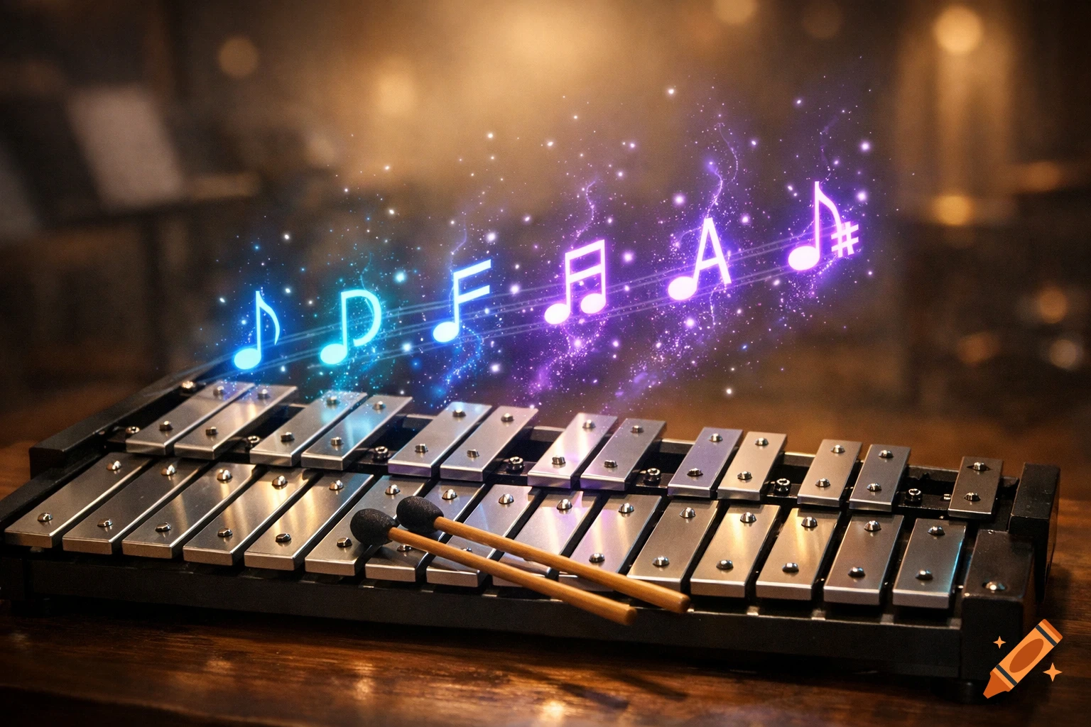 A glockenspiel with two mallets on its metallic bars, illuminated by glowing blue and purple musical notes and sparkles in a dark, atmospheric setting.