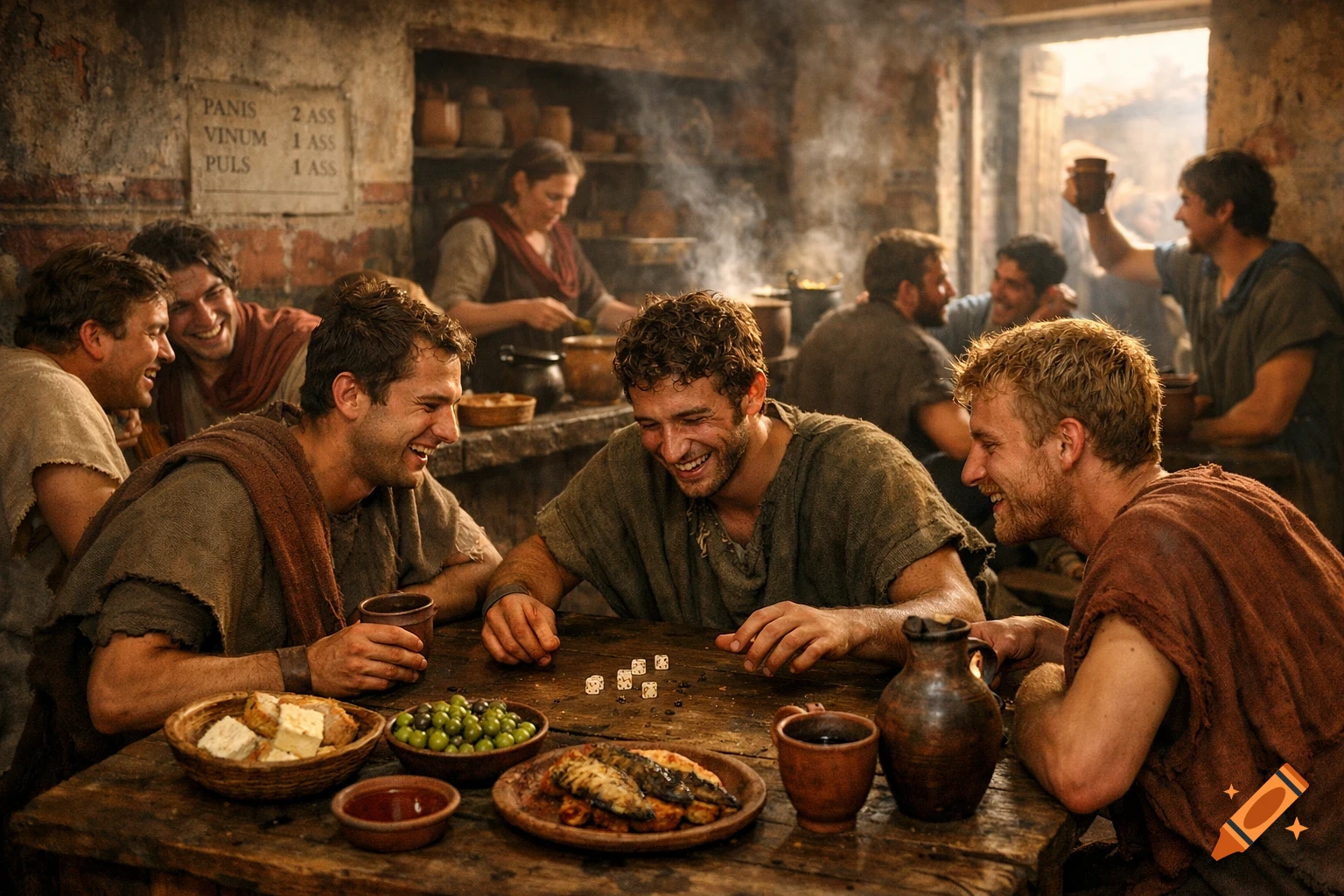 Photorealistic scene of young men laughing, eating, drinking, and playing dice in a bustling ancient Roman tavern with rustic pottery.