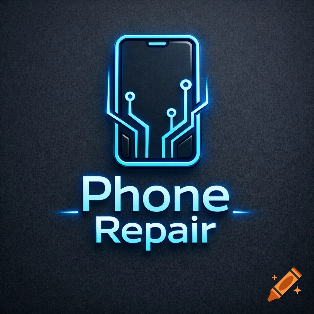 Blue glowing phone repair logo with a smartphone icon and text 'Phone Repair' on a dark textured background.