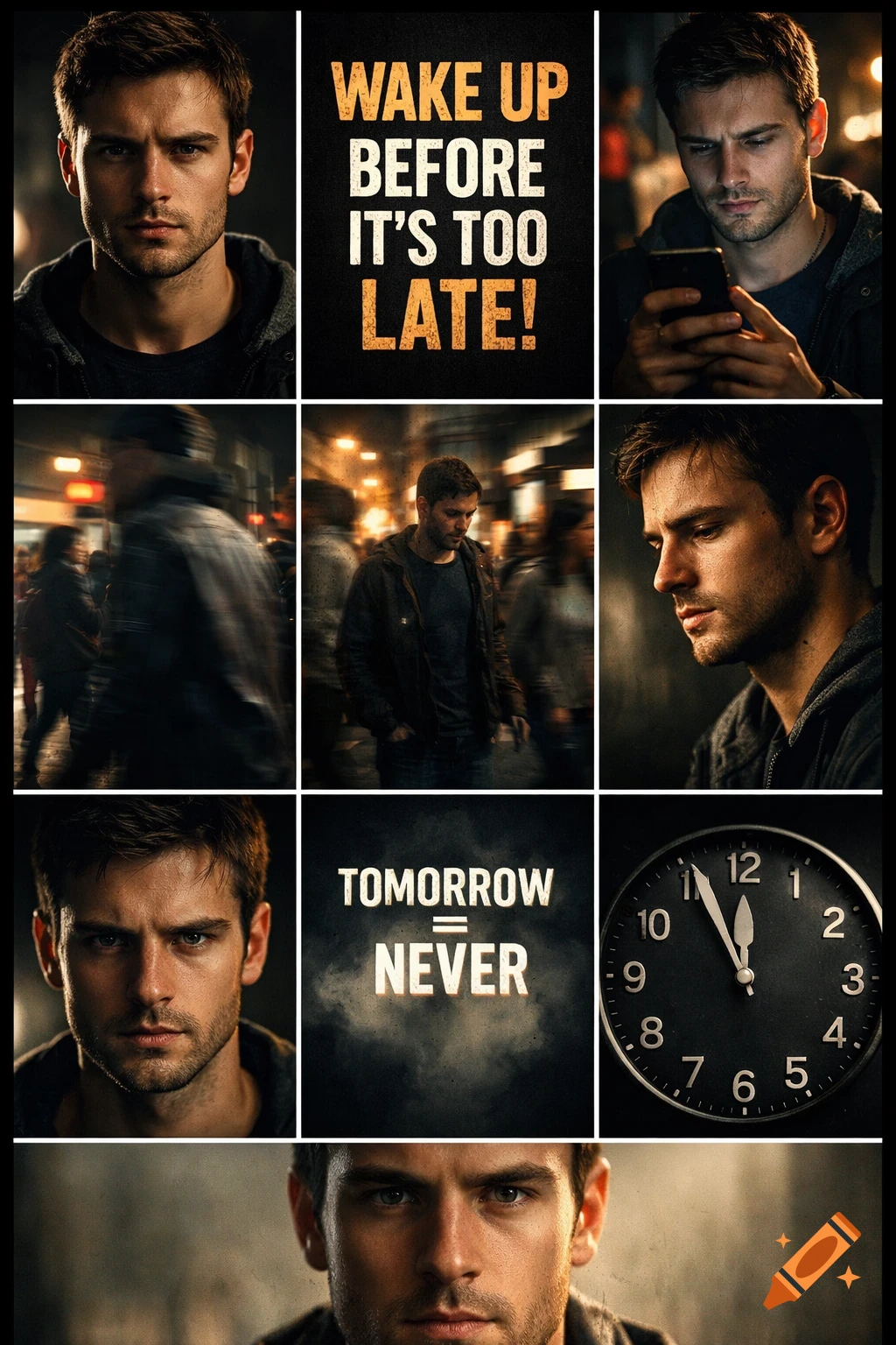 A cinematic collage of a determined man in urban settings, featuring motivational text like "WAKE UP BEFORE IT'S TOO LATE!" and "TOMORROW = NEVER," and a clock nearing midnight.