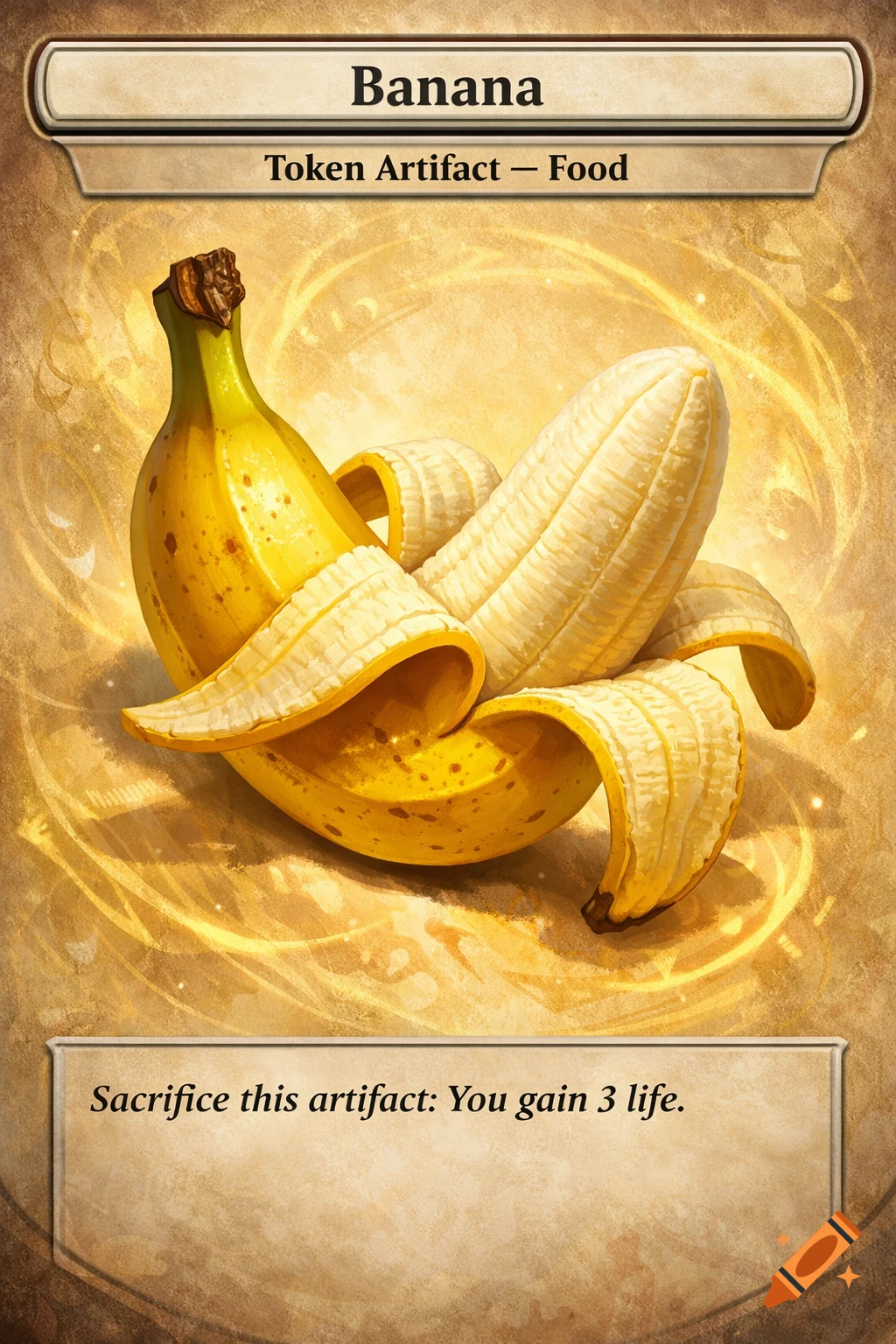 A Magic: The Gathering token card depicting a partially peeled banana with glowing effects, featuring game text.