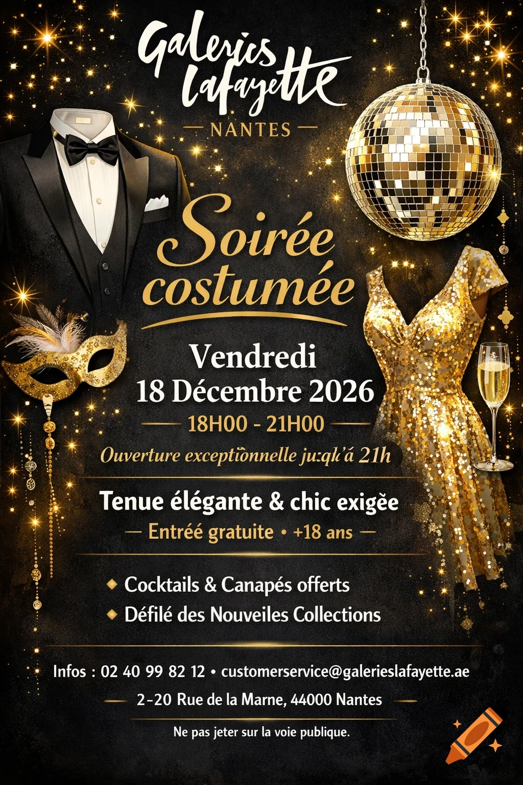 A black and gold promotional poster for a Galeries Lafayette costume party, featuring a tuxedo, a sequin dress, a masquerade mask, a disco ball, and event details.