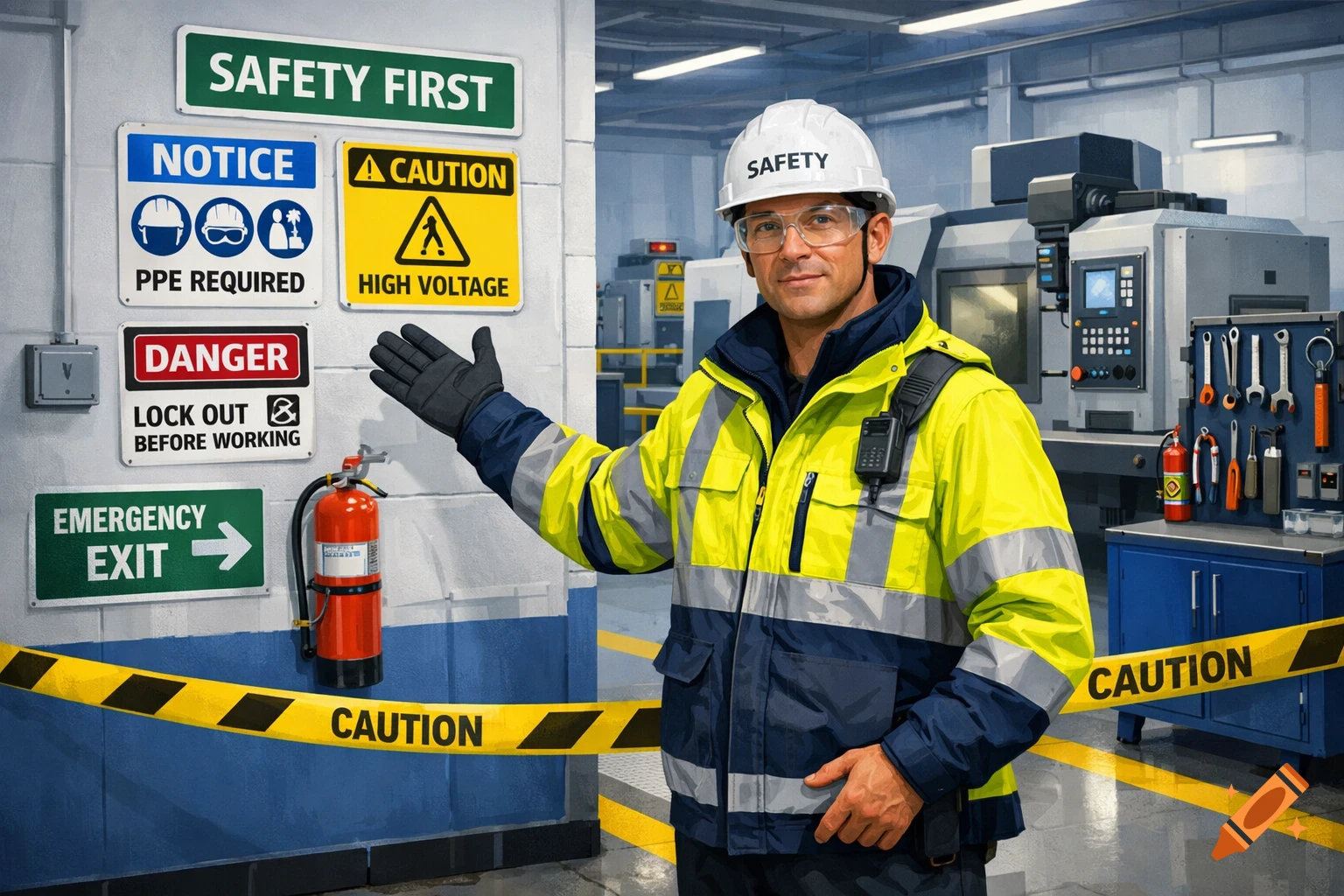 A man in a yellow and blue safety jacket and white hard hat points to various safety signs on a wall in an industrial workplace.