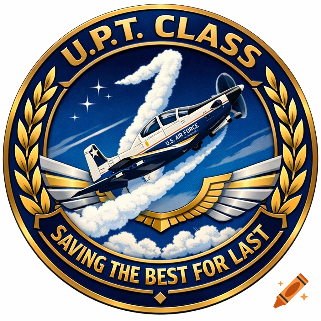 A vibrant, illustrative circular U.S. Air Force patch with a T-6 Texan II plane and text 'U.P.T. CLASS' and 'SAVING THE BEST FOR LAST'.