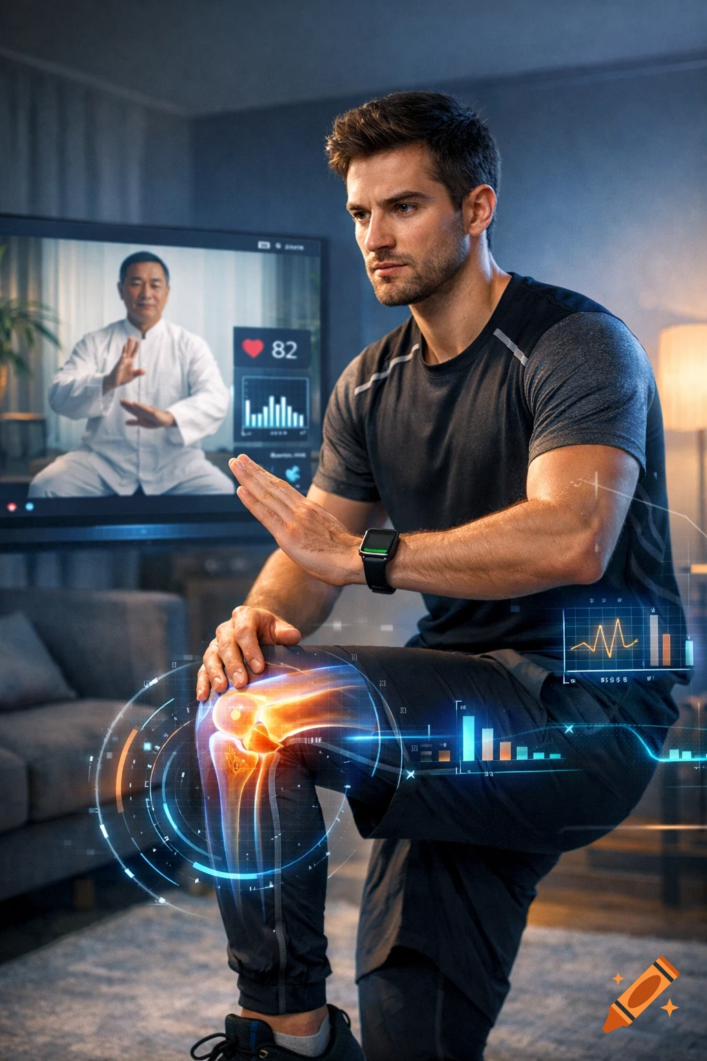 A man performing Qi Gong with glowing knee scan and digital health metrics, watching an instructor on a large screen.