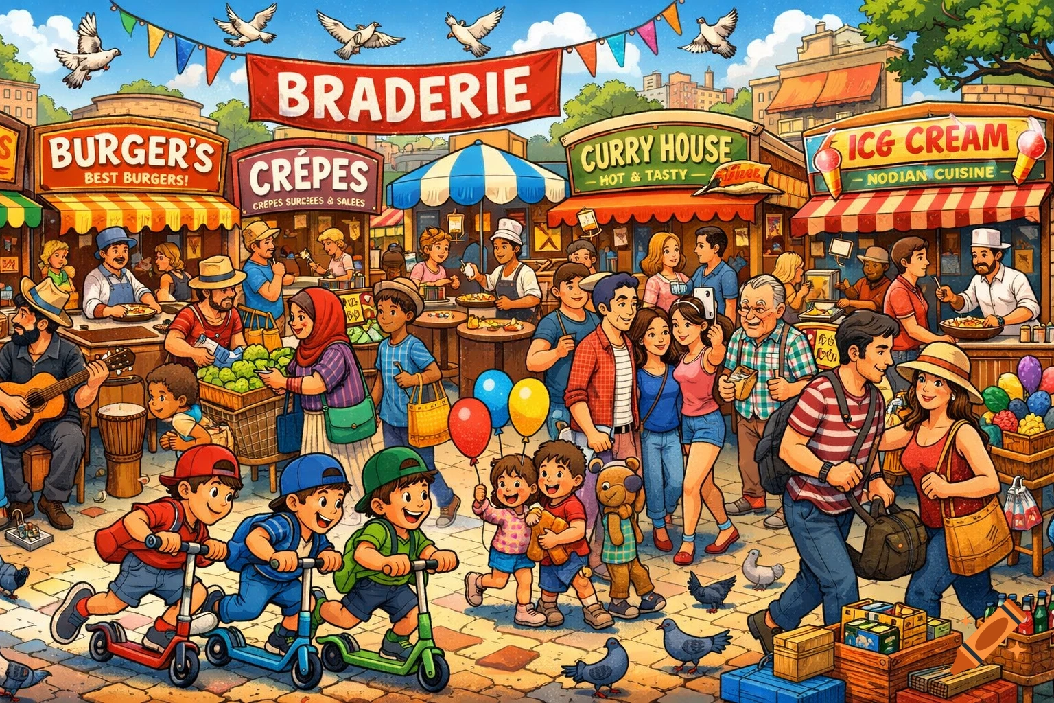 A vibrant, detailed cartoon illustration of a multicultural street market bustling with people, food stalls, children on scooters, and musicians playing.