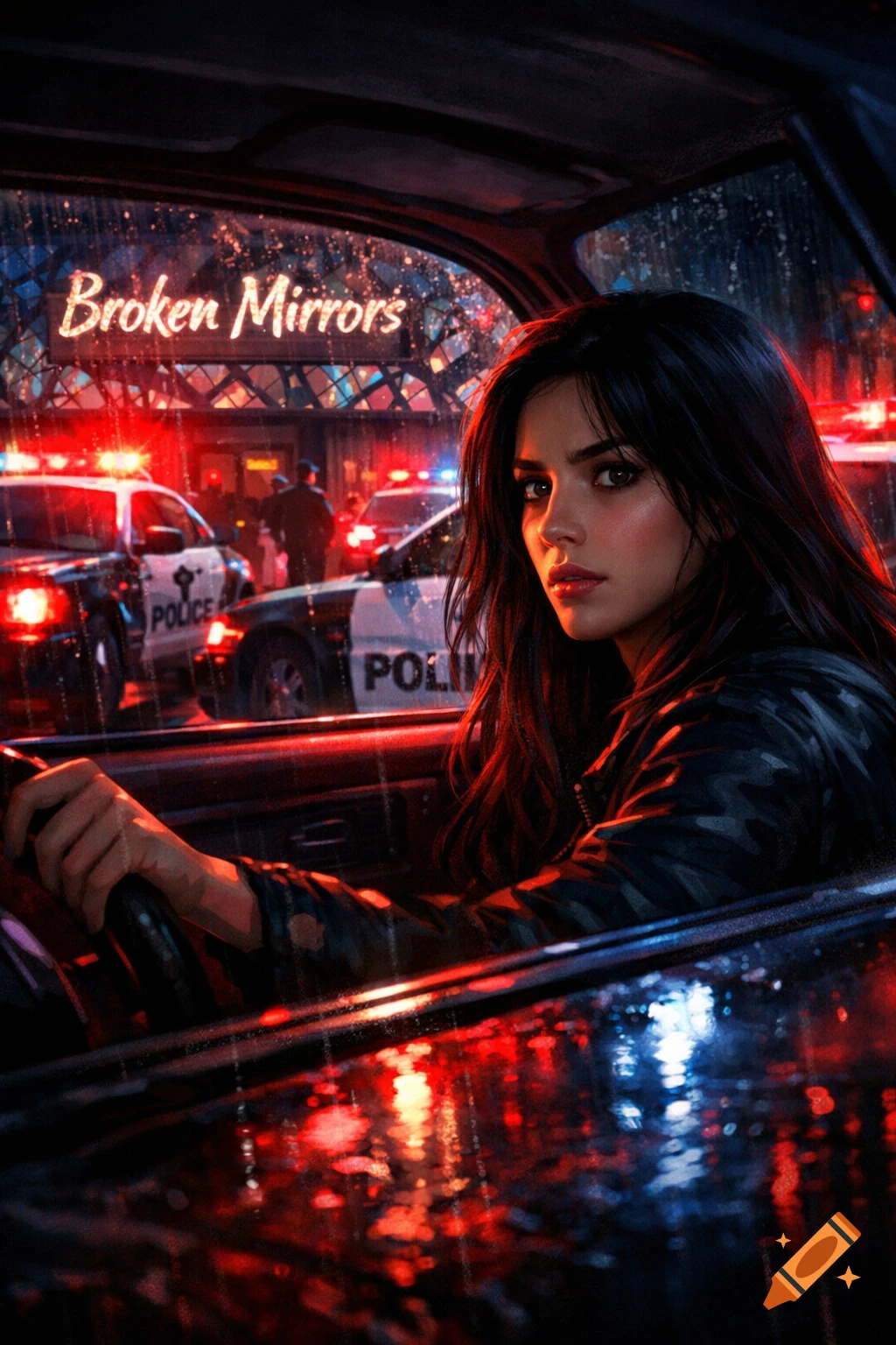 A woman in a car at night, surrounded by police cars and a neon 'Broken Mirrors' sign, in a moody, photorealistic style.