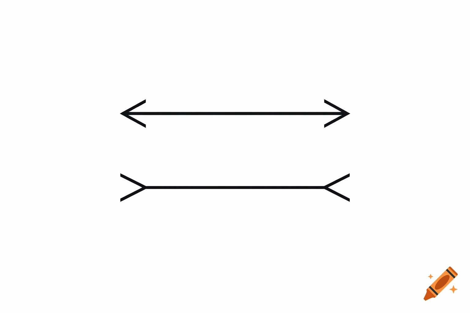 Black and white diagram of the M r-Lyer optical illusion with two lines; top line has inward arrowheads, bottom line has outward arrowheads.