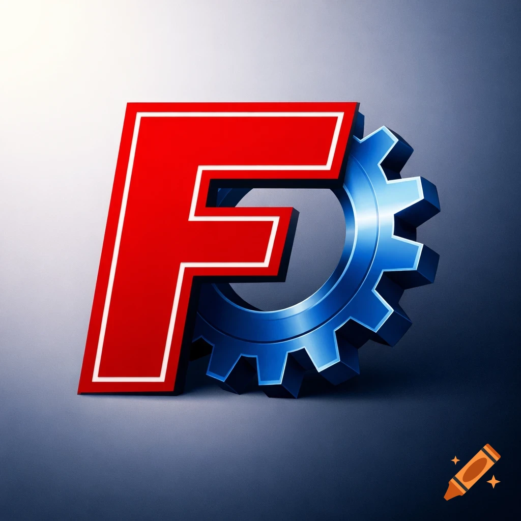 A stylized 3D red capital letter F with a white outline, partially overlapping a blue metallic gear on a gradient background.