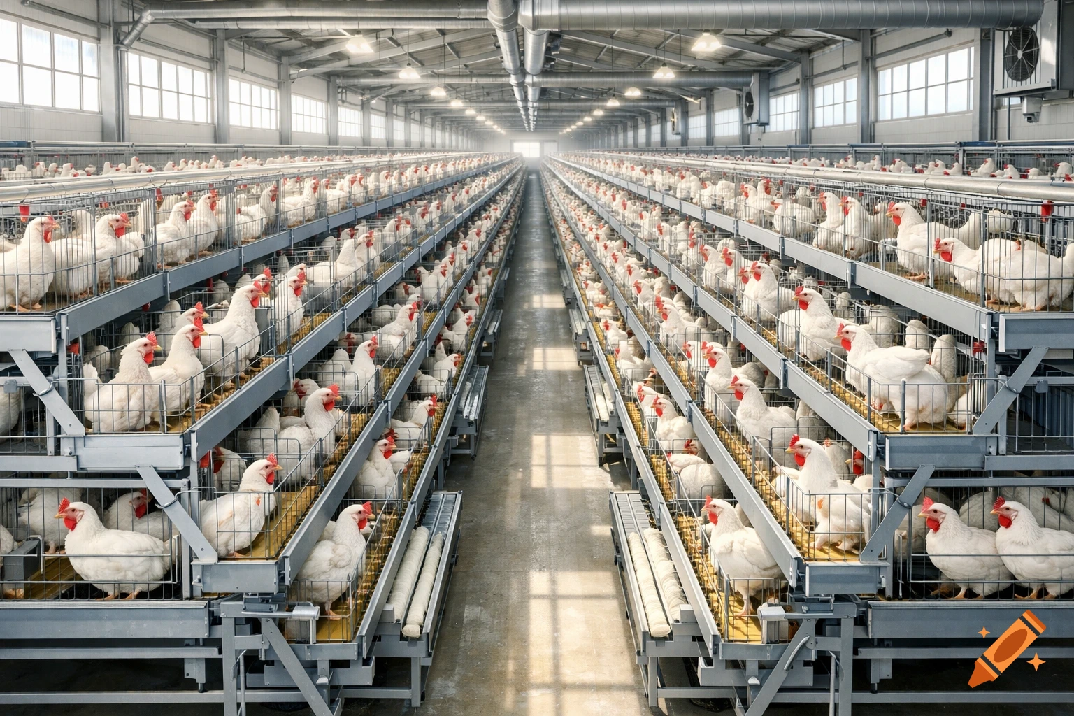 A photorealistic image of a vast poultry farm with rows of white chickens in stacked cages inside a long, industrial building.