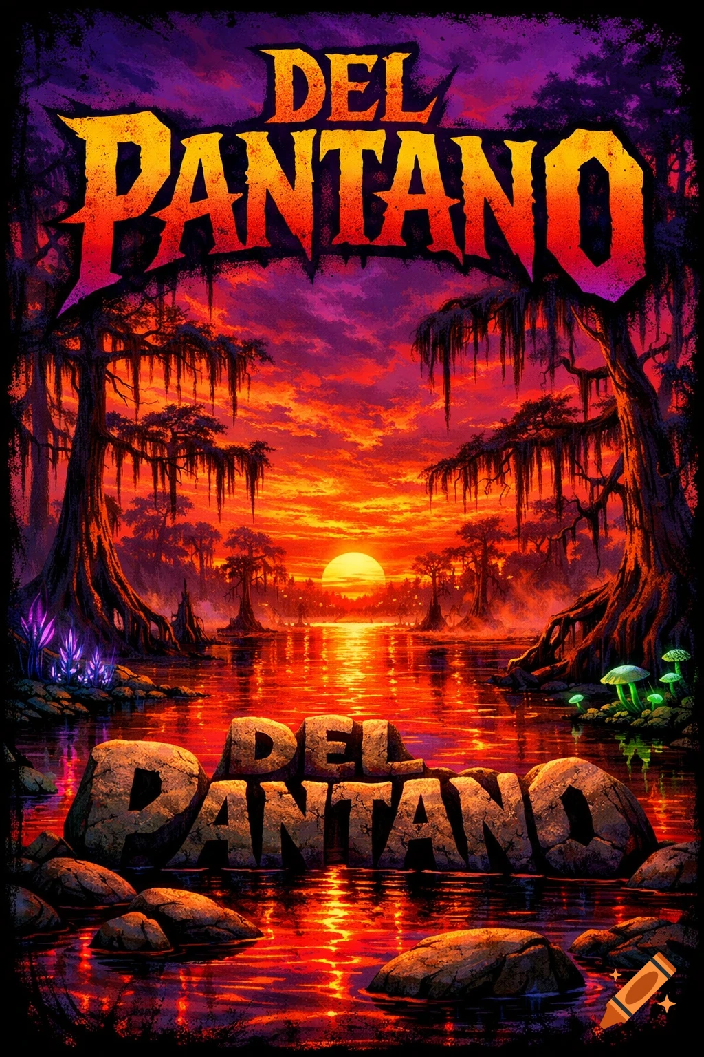 A vibrant fantasy rock band poster for "Del Pantano" showing a sunset over a swamp with glowing plants and text made of rocks.