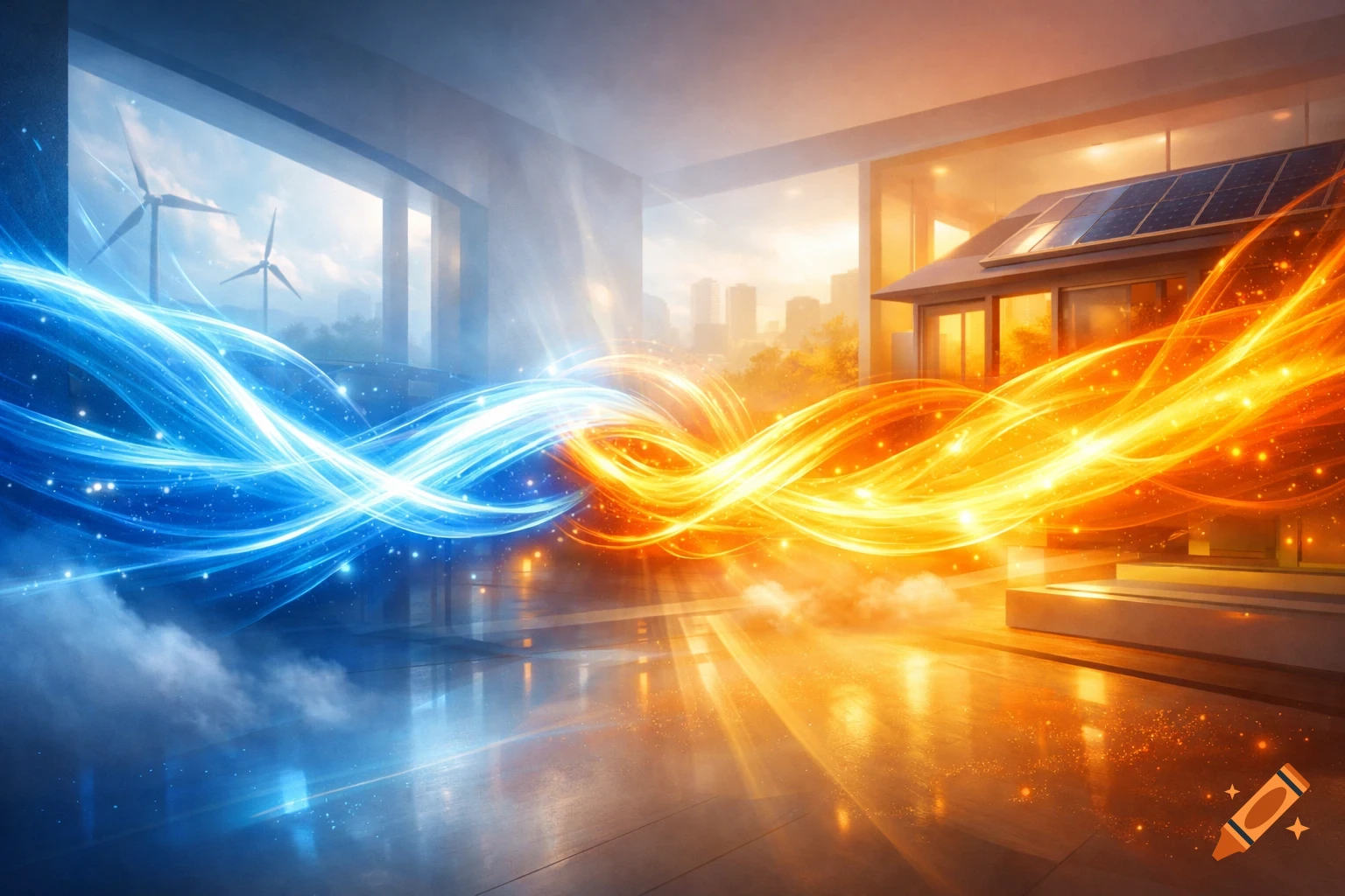 A split futuristic scene with blue energy streams flowing towards wind turbines on the left, and orange energy streams towards a building with solar panels and a city skyline on the right.