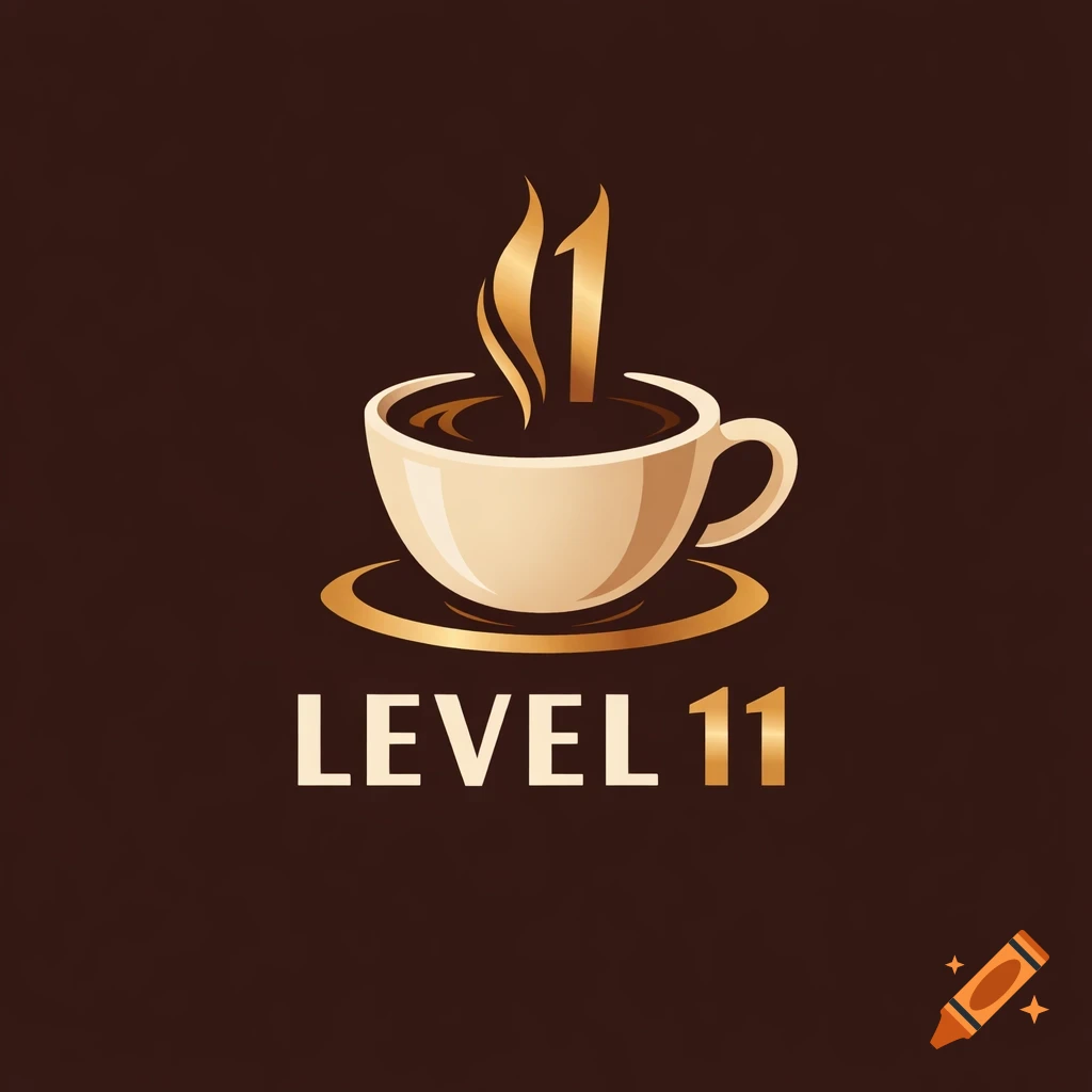Gold and white logo featuring a coffee cup with steam forming the number '1' and 'LEVEL 11' text on a dark brown background.