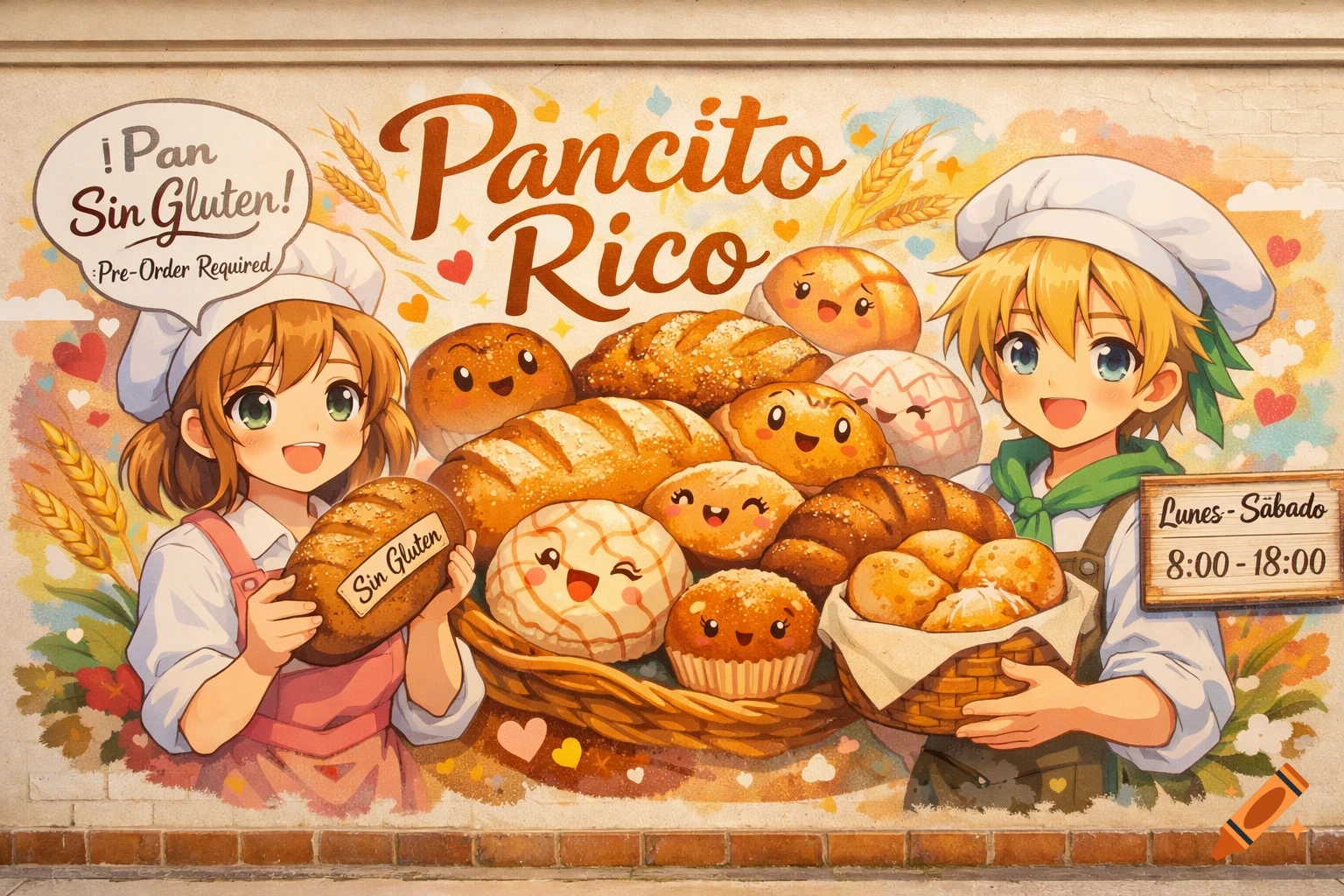 Anime style mural depicting a girl and boy baker with a basket of breads and pastries with cute faces, advertising 'Pancito Rico' and 'Sin Gluten'.