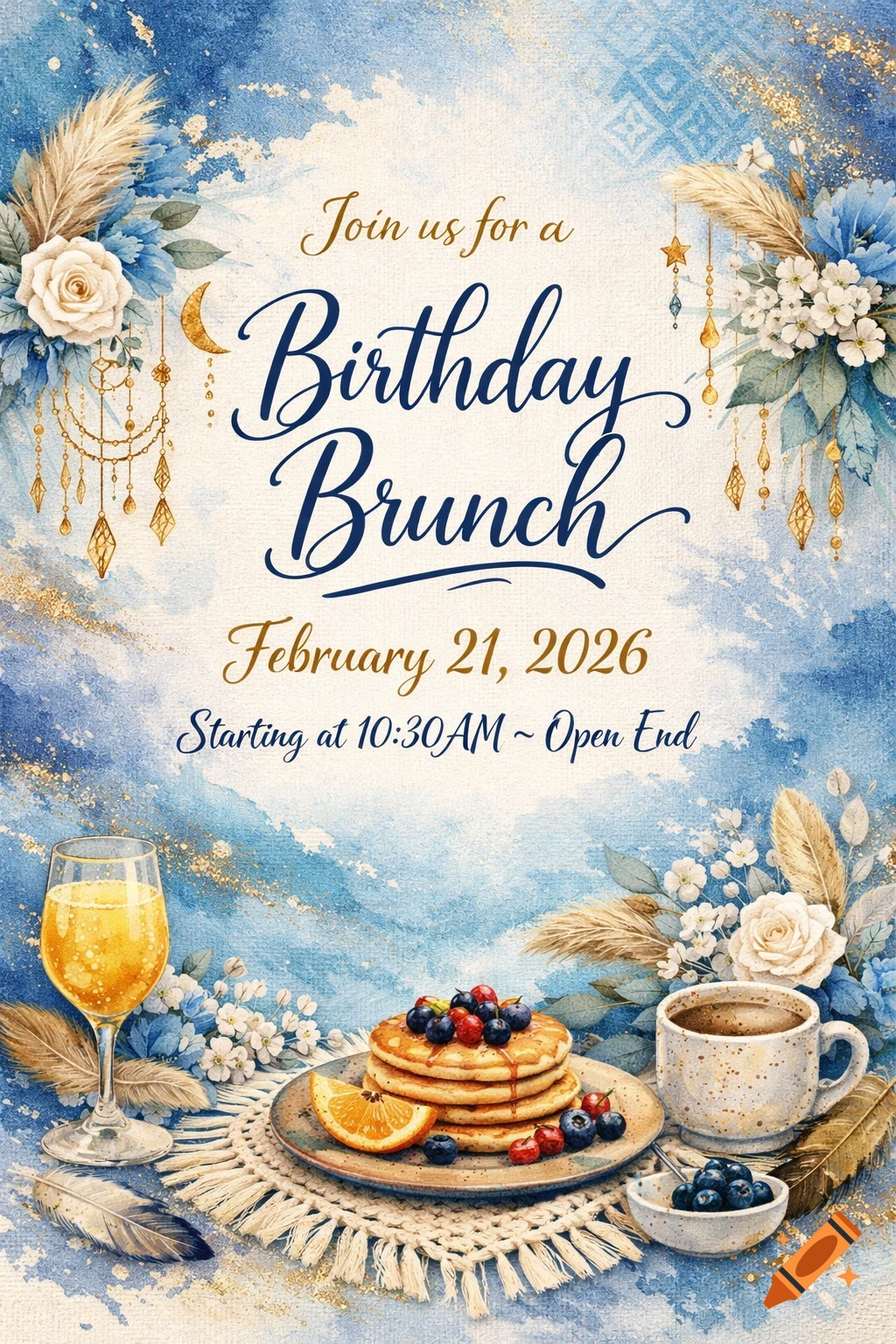 A boho-style watercolor birthday brunch invitation with pancakes, berries, a mimosa, and coffee, surrounded by blue flowers and feathers.