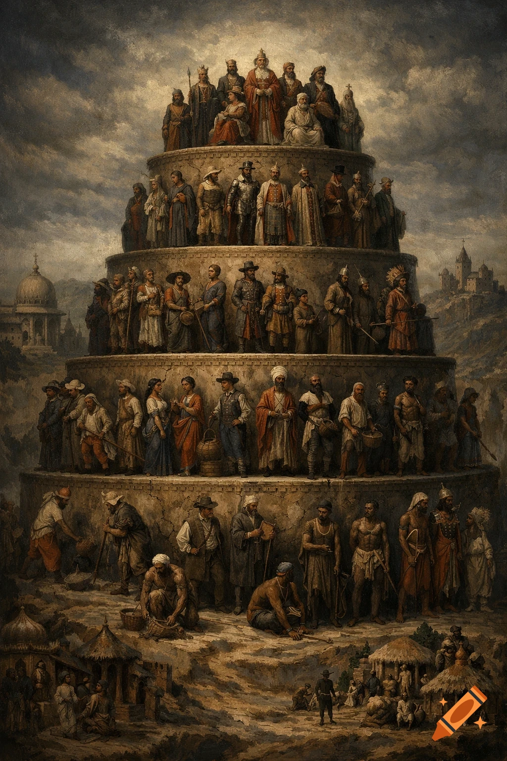An oil painting of a social hierarchy pyramid, showing different strata from rulers to laborers, under a cloudy sky.