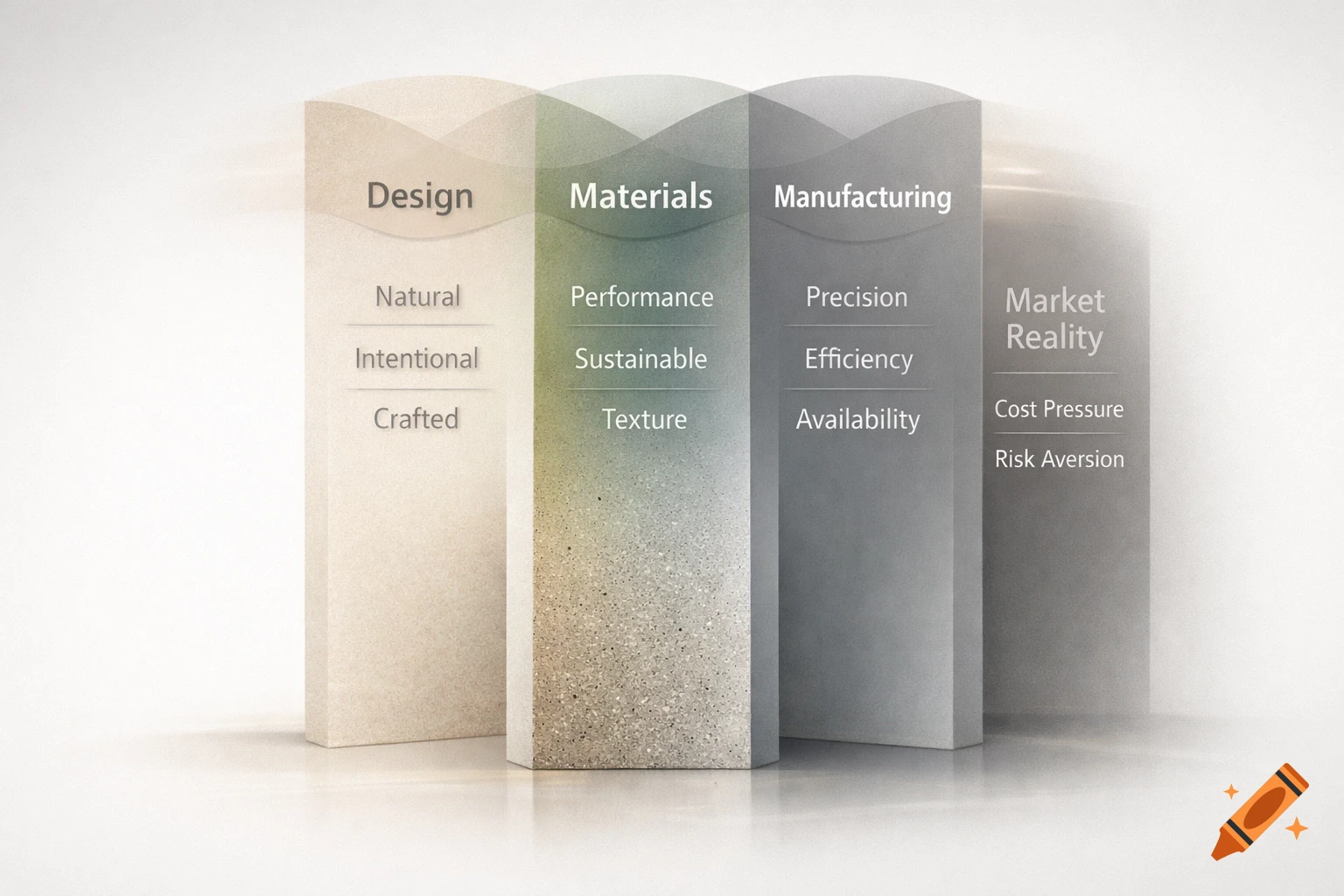 A 3D business infographic illustrating four pillars: Design, Materials, Manufacturing, and Market Reality, with sub-points under each.