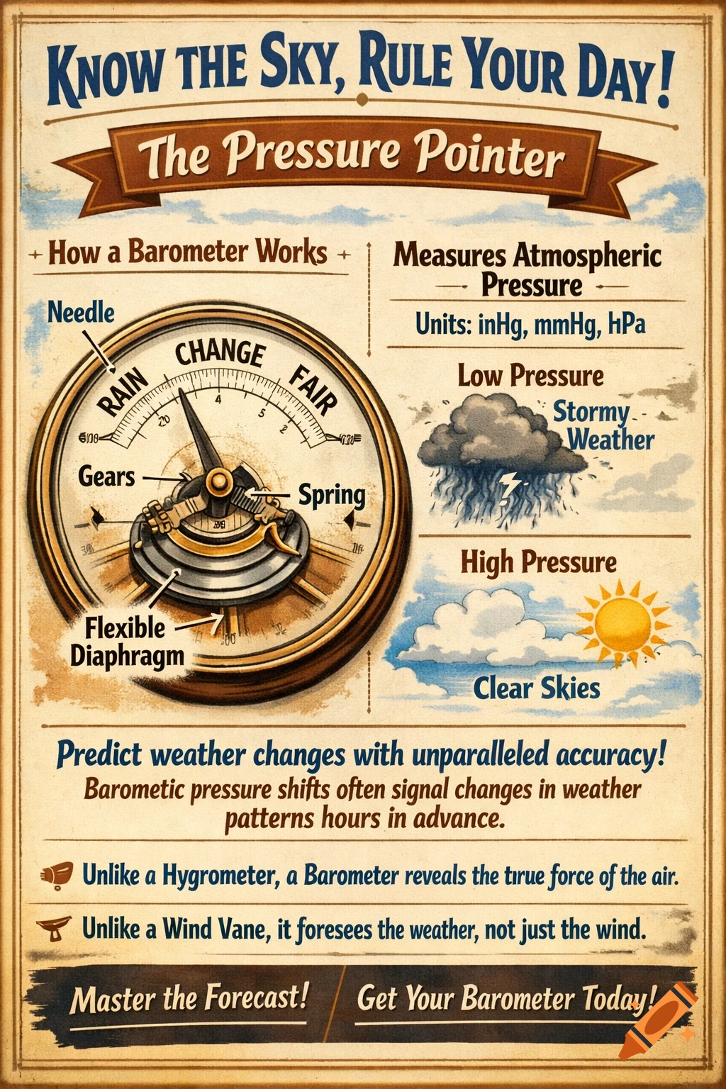A vintage-style educational poster titled 'Know the Sky, Rule Your Day! The Pressure Pointer' explaining how a barometer works, what it measures, and its uses, with diagrams of a barometer, stormy weather, and clear skies.