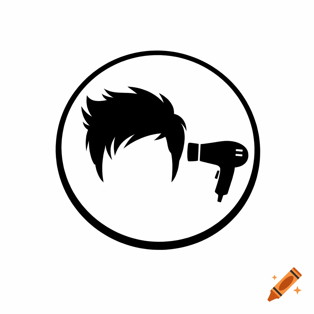 Black and white circular logo featuring stylized men's hair next to a hairdryer.