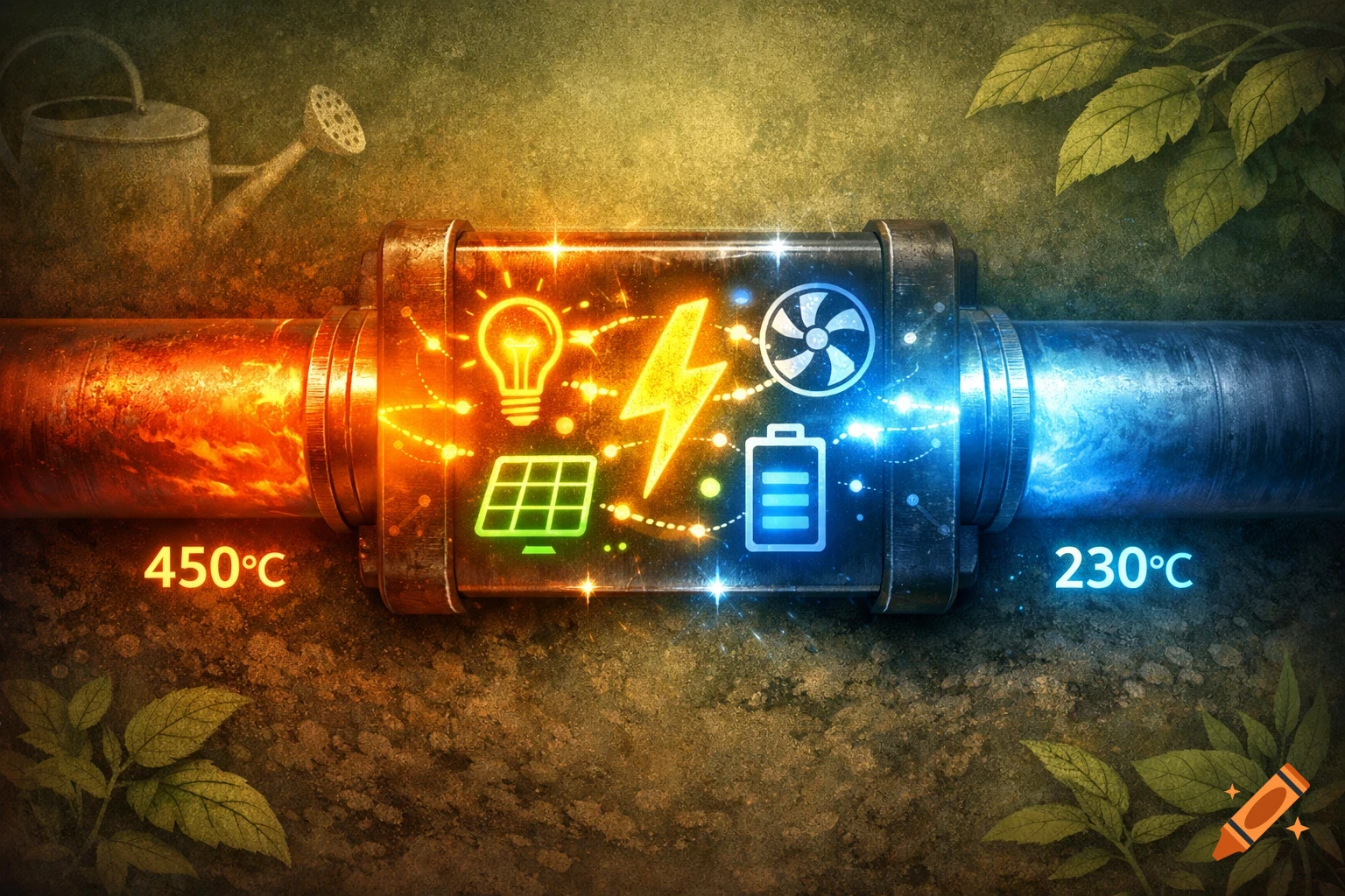 Conceptual illustration of waste heat energy conversion, showing a pipe with 4500C input and 2300C output, generating power.
