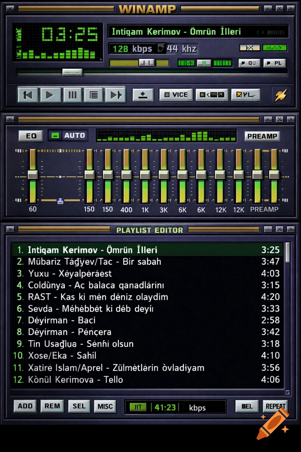 A close-up of a classic green Winamp plugin interface, displaying song titles in a playlist, equalizer controls, and playback buttons.