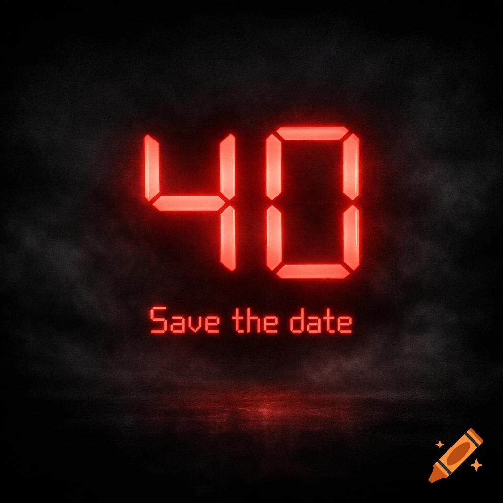 Red glowing digital '40' and 'Save the date' text on a dark, smoky background with reflections.