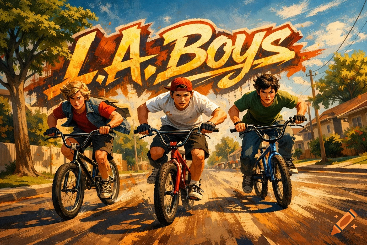 Three young boys on BMX bikes race down a sunlit neighborhood street with the stylized text "L.A. Boys" behind them.