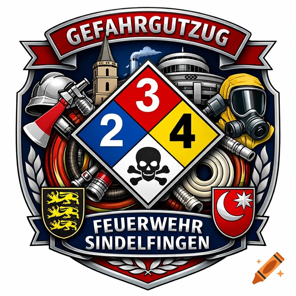 A detailed crest logo for the Sindelfingen Hazardous Materials Fire Department, featuring a hazard diamond, skull, fire equipment, and city landmarks.