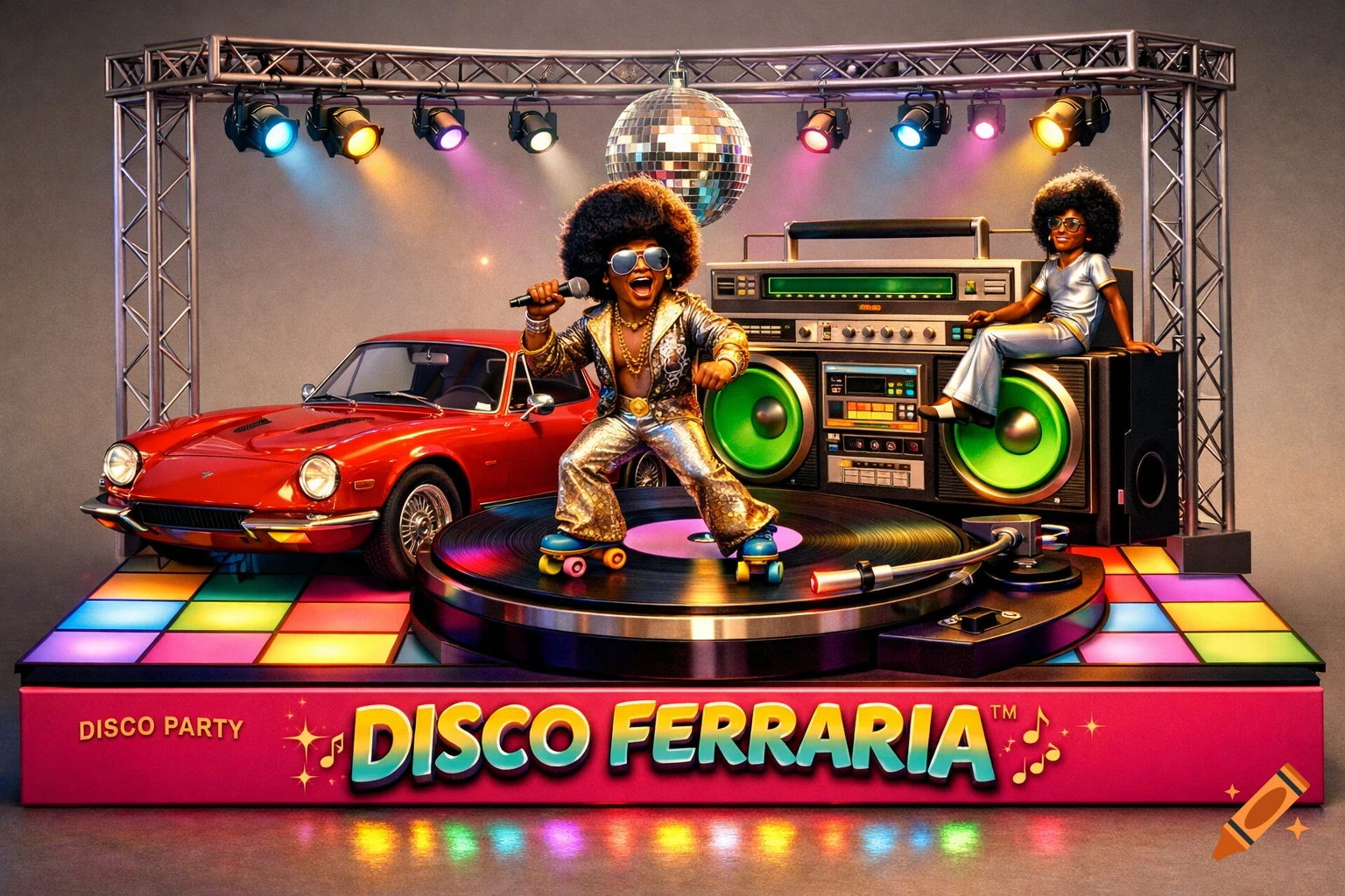 A vibrant disco scene with a person roller skating on a turntable, singing into a mic, alongside a red car and boombox on a lit-up floor.