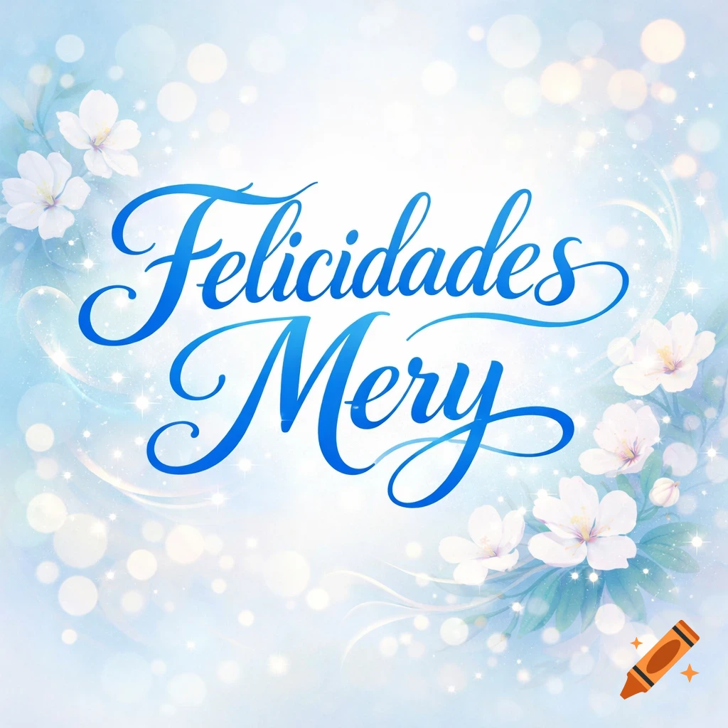 A light blue and white greeting card with white bokeh and flowers, featuring the blue cursive text 'Felicidades Mery'.