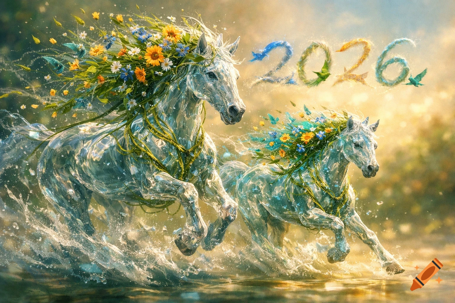 Two ethereal horses, crafted from translucent water and vines, gallop through water, manes adorned with wildflowers. "2026" appears subtly in the background under soft light.