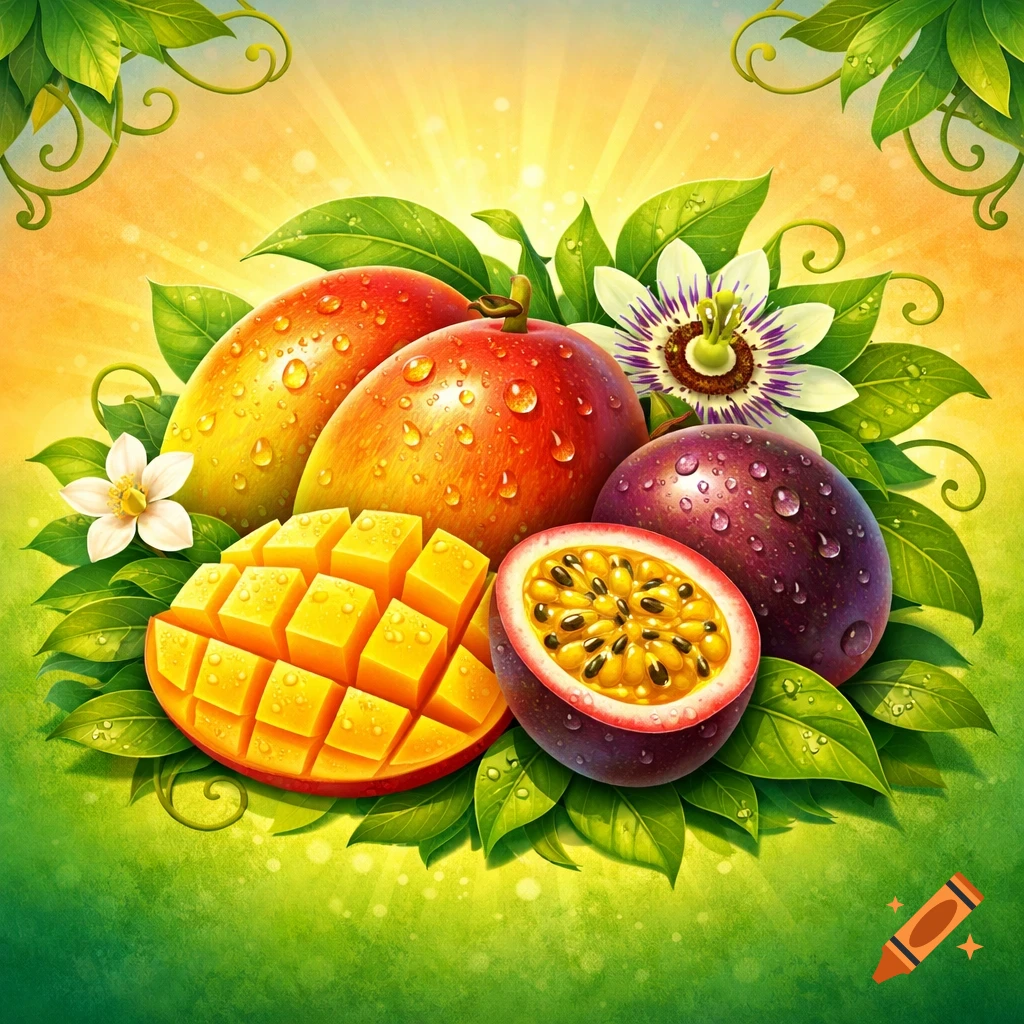 Vibrant illustration of fresh mangoes and passion fruits with green leaves, flowers, and water droplets on a sunny background.