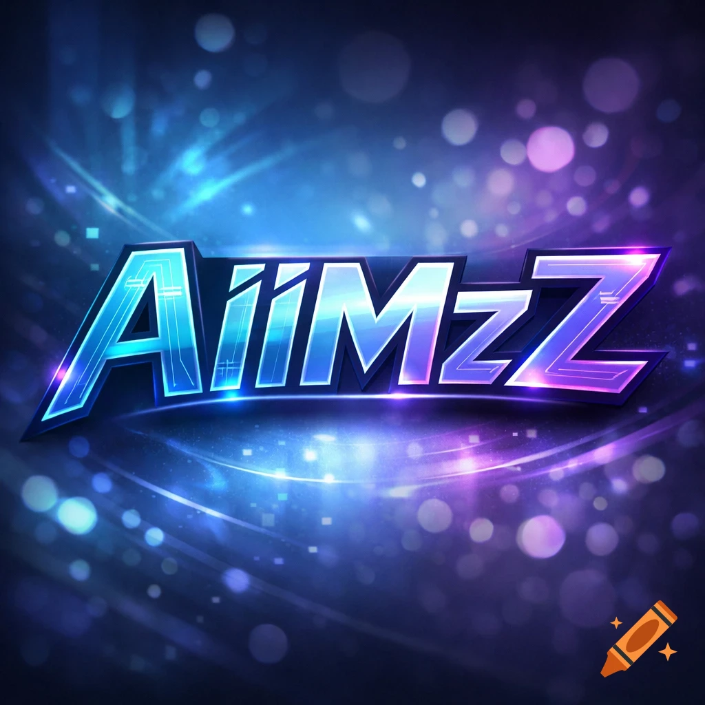 A shiny, futuristic logo with the name 'AiIMzZ' in blue and purple metallic text against a glowing, bokeh background.