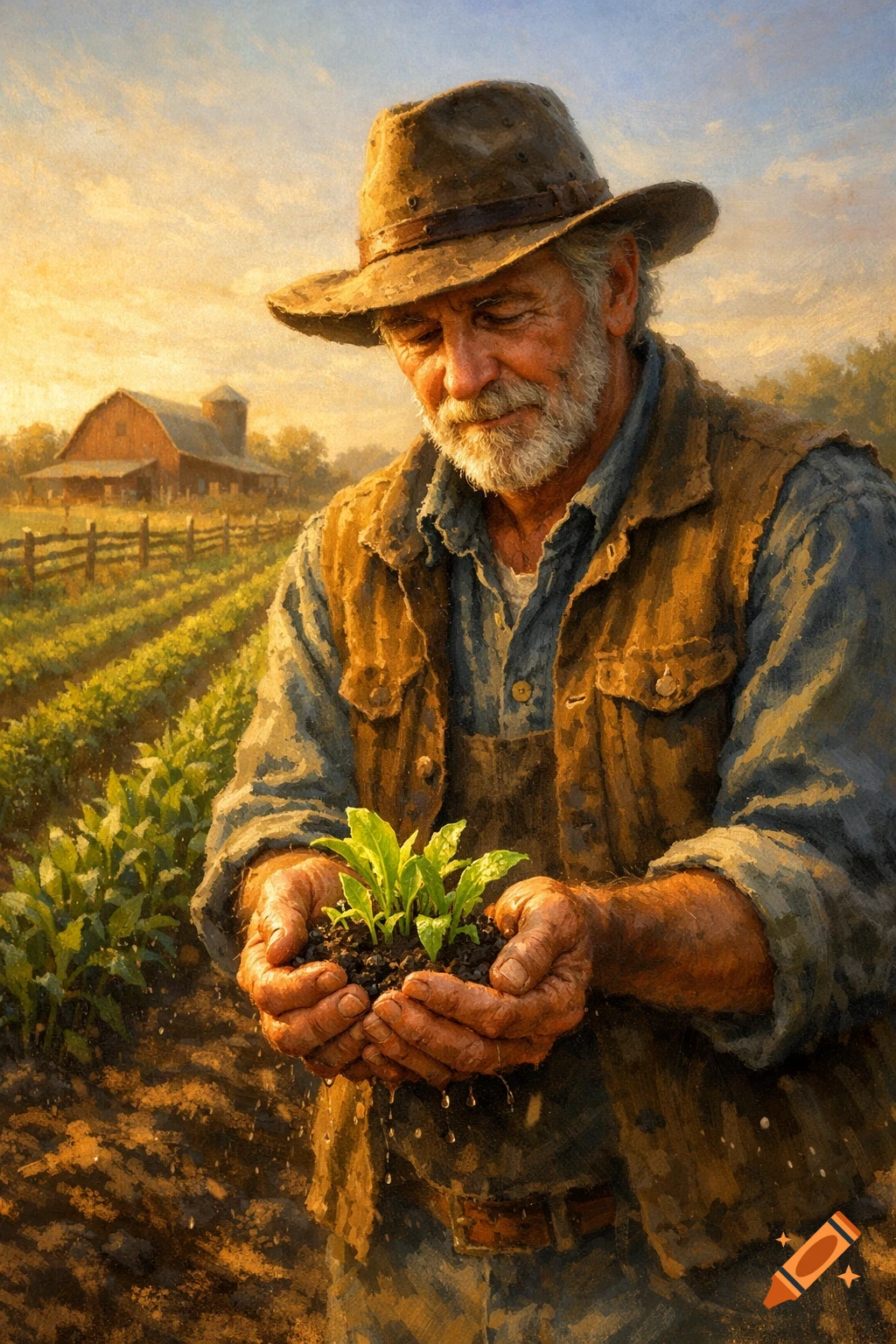 A weathered farmer in a hat holds a small green plant in his hands in a field with a barn at sunset, painted style.