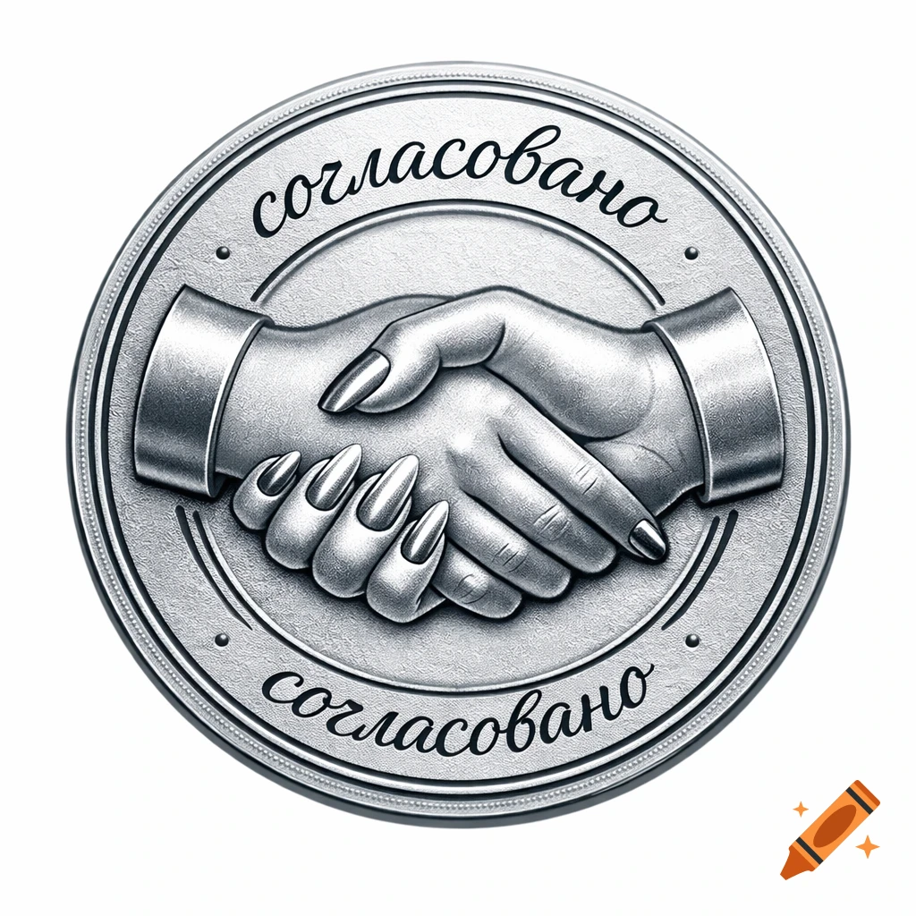 A circular silver coin or stamp depicting a handshake between two hands with long nails, and the word 'согласовано' (agreed) repeated.