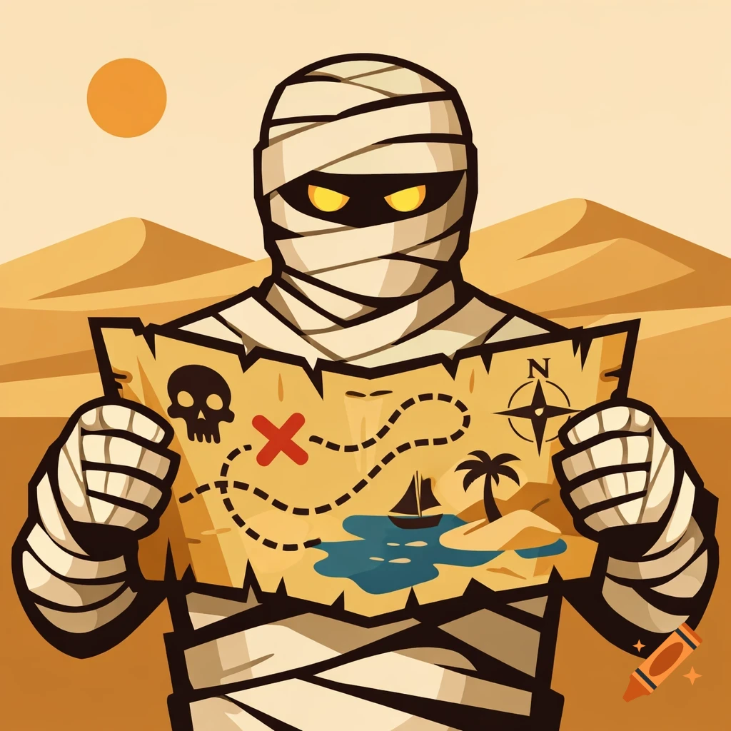 A cartoon mummy in a desert holds a treasure map showing a skull, X-mark, ship, palm tree, and a compass rose with 'N' for North.