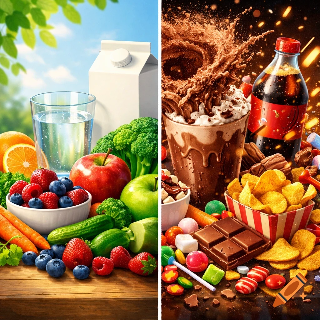 A split image contrasts healthy foods (fruits, vegetables, water, milk) on the left with junk foods (soda, chips, chocolate, candy) on the right.